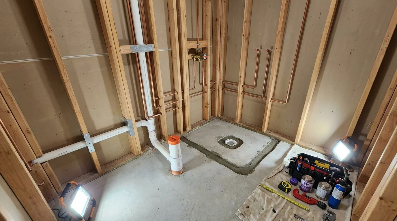 Bathroom rough-in plumbing during remodel by Johns Plumbing LLC in Ridgway