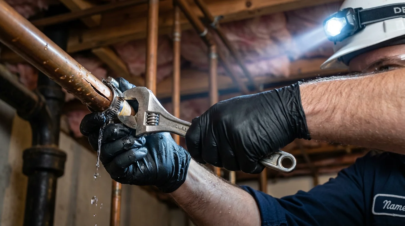 Emergency pipe clamp repair being performed by a Johns Plumbing LLC plumber in Ridgway