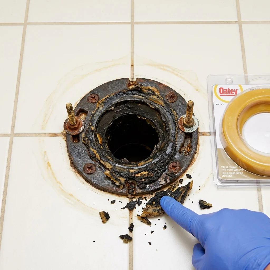 Failed wax ring showing water seepage at the base of a toilet in a Ridgway, PA home
