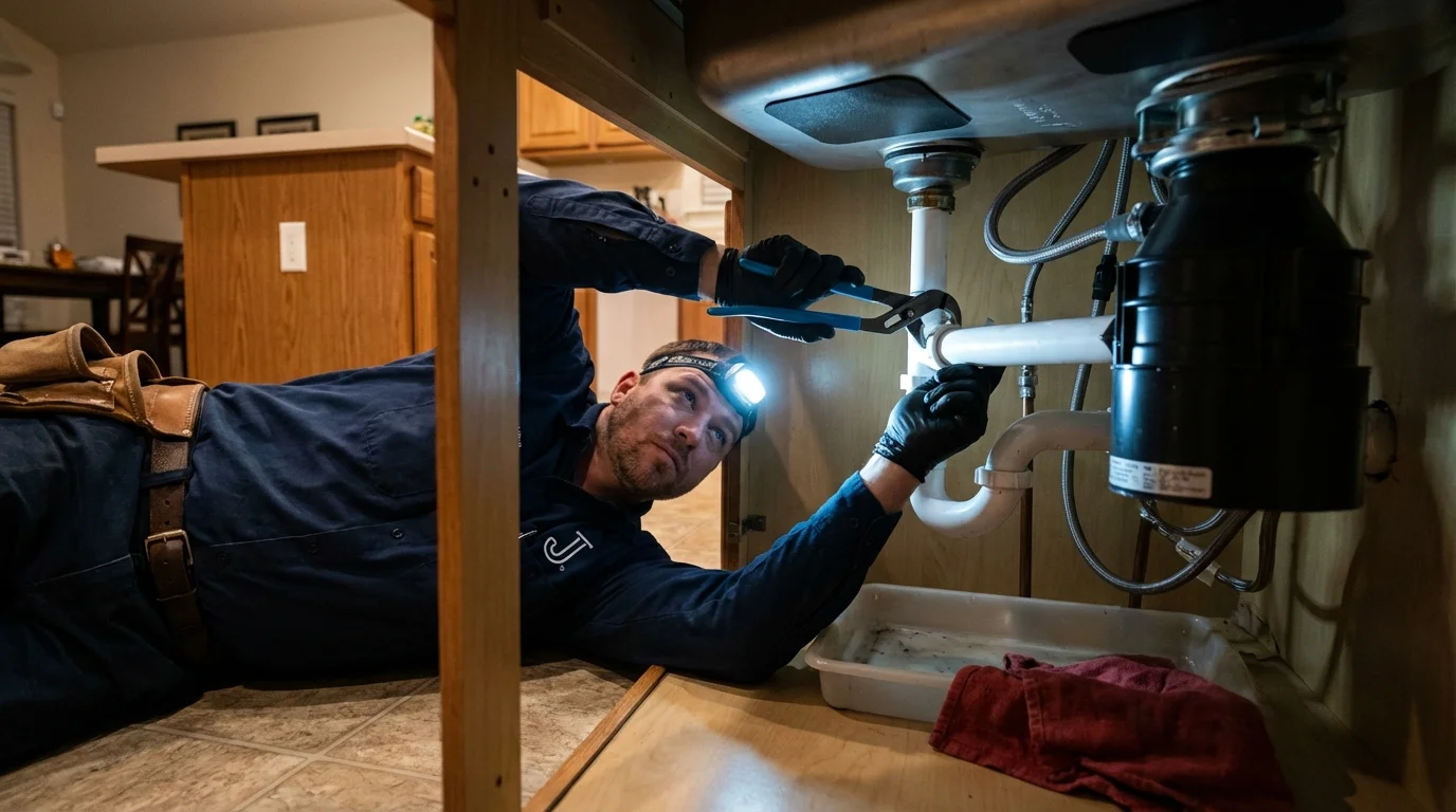 P-trap and supply line connections under a kitchen sink showing a common leak point in Ridgway, PA